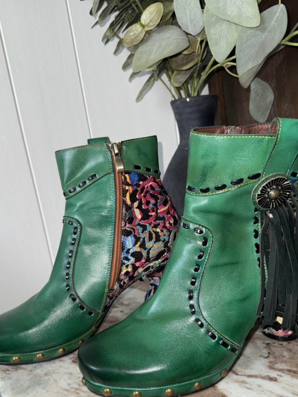 Green Leather Tassel Ankle Boots with Multicolor Textile Accent